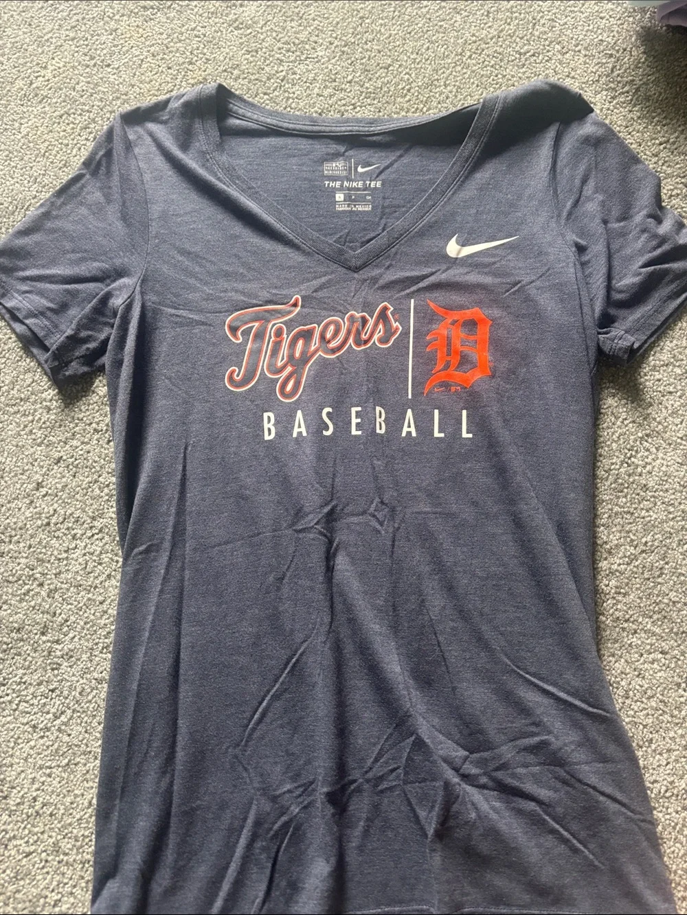 Nike Navy Detroit Tigers V-Neck Baseball Tee with Orange Logo